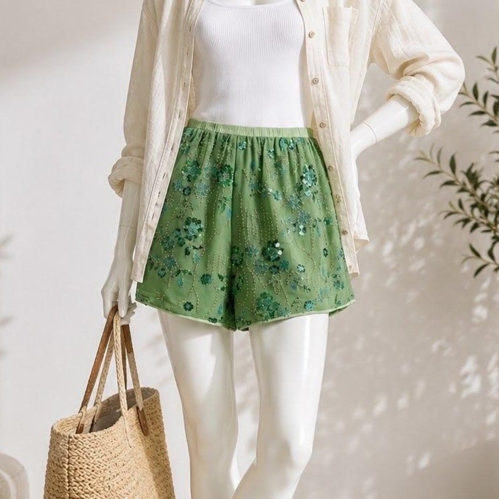 Poeselle Womens Shorts Sage Green Sequin Beaded Floral‎ Chiffon XS